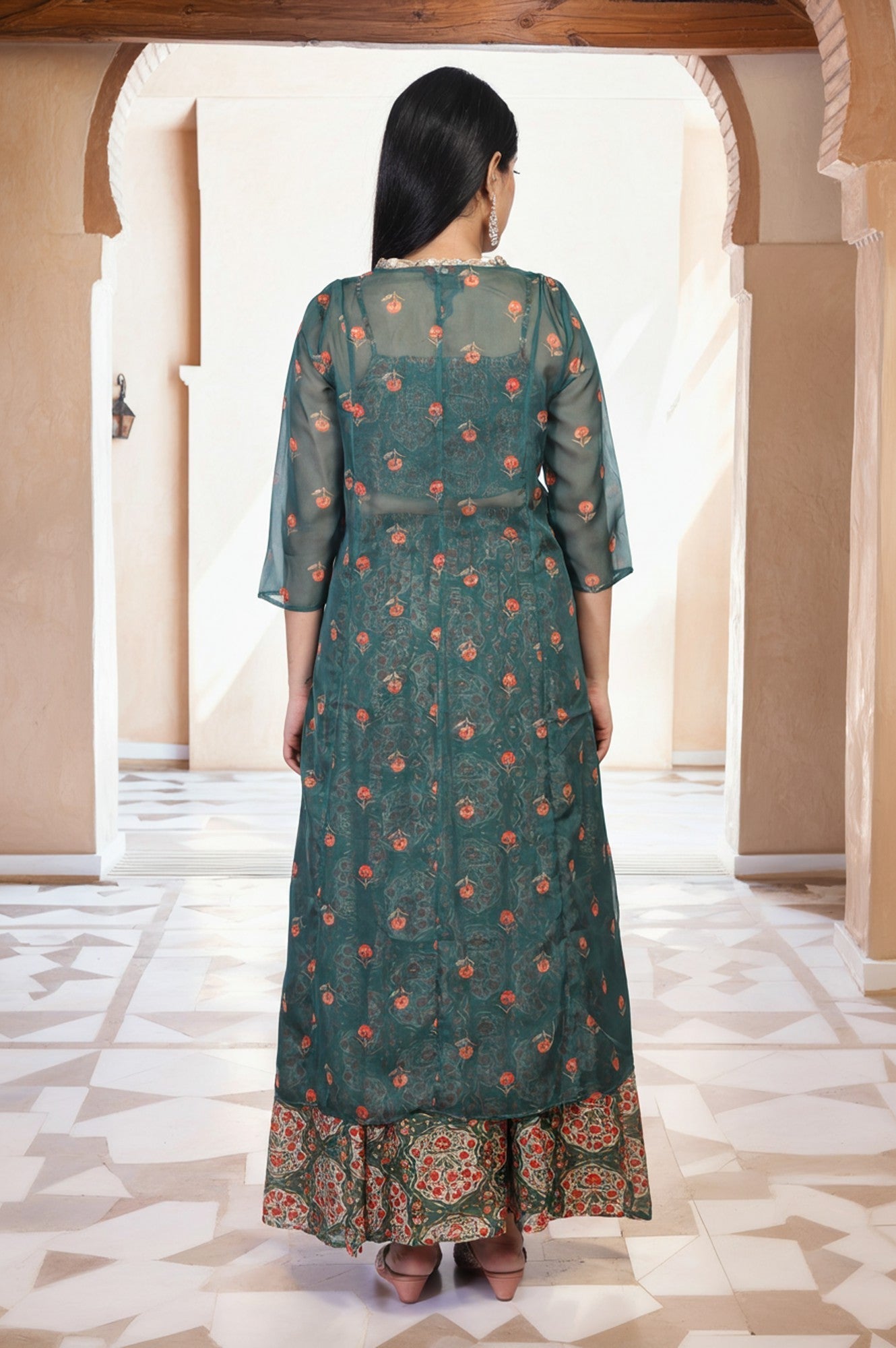 W for Woman Green Floral Printed Lace Trim Organza Top with Skirt and Gillet Set