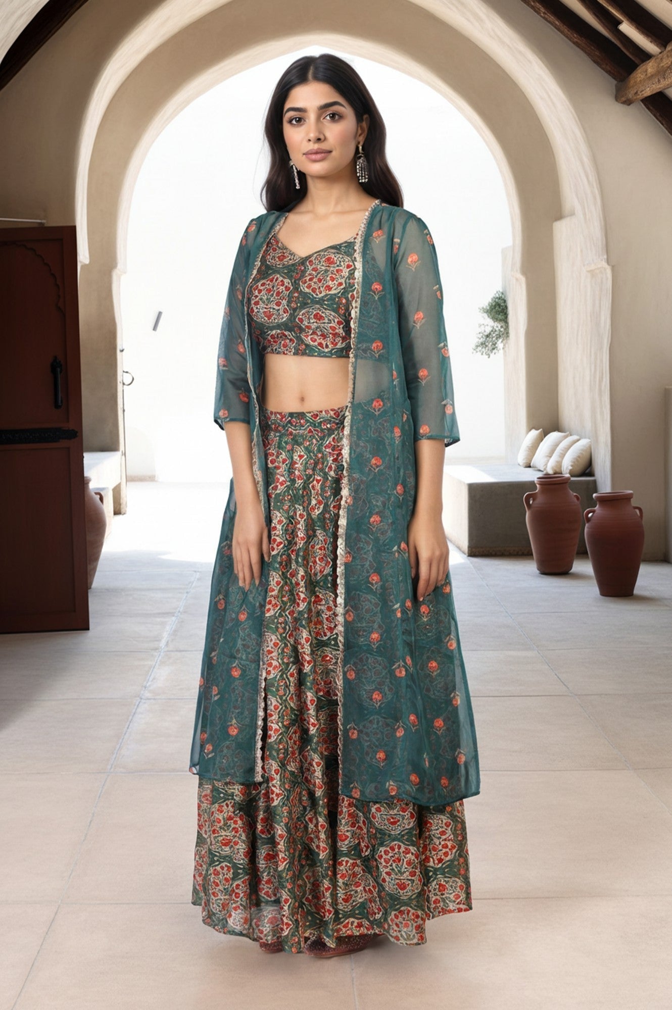 W for Woman Green Floral Printed Lace Trim Organza Top with Skirt and Gillet Set