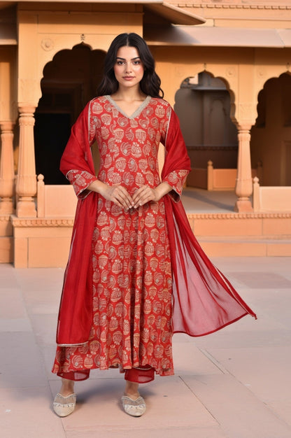 W for Woman Red Floral Print Lace Detailing Flared Rayon Kurta with Pant and Dupatta Set