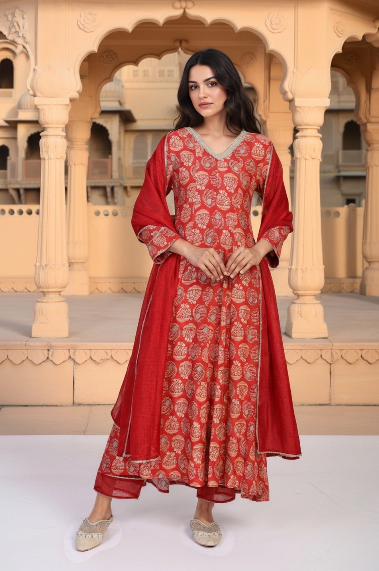 W for Woman Red Floral Print Lace Detailing Flared Rayon Kurta with Pant and Dupatta Set