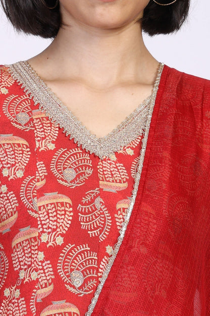W for Woman Red Floral Print Lace Detailing Flared Rayon Kurta with Pant and Dupatta Set