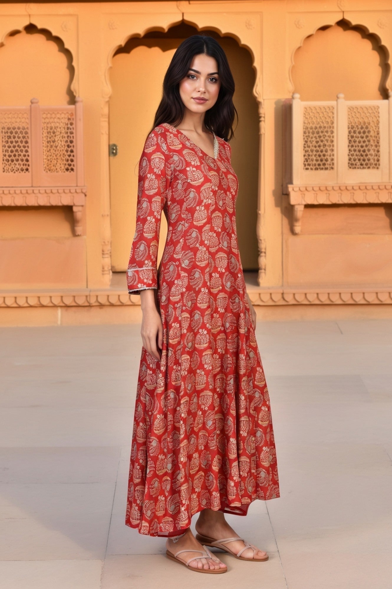 W for Woman Red Floral Print Lace Detailing Flared Rayon Kurta with Pant and Dupatta Set