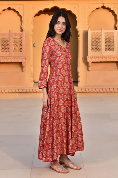 W for Woman Red Floral Print Lace Detailing Flared Rayon Kurta with Pant and Dupatta Set