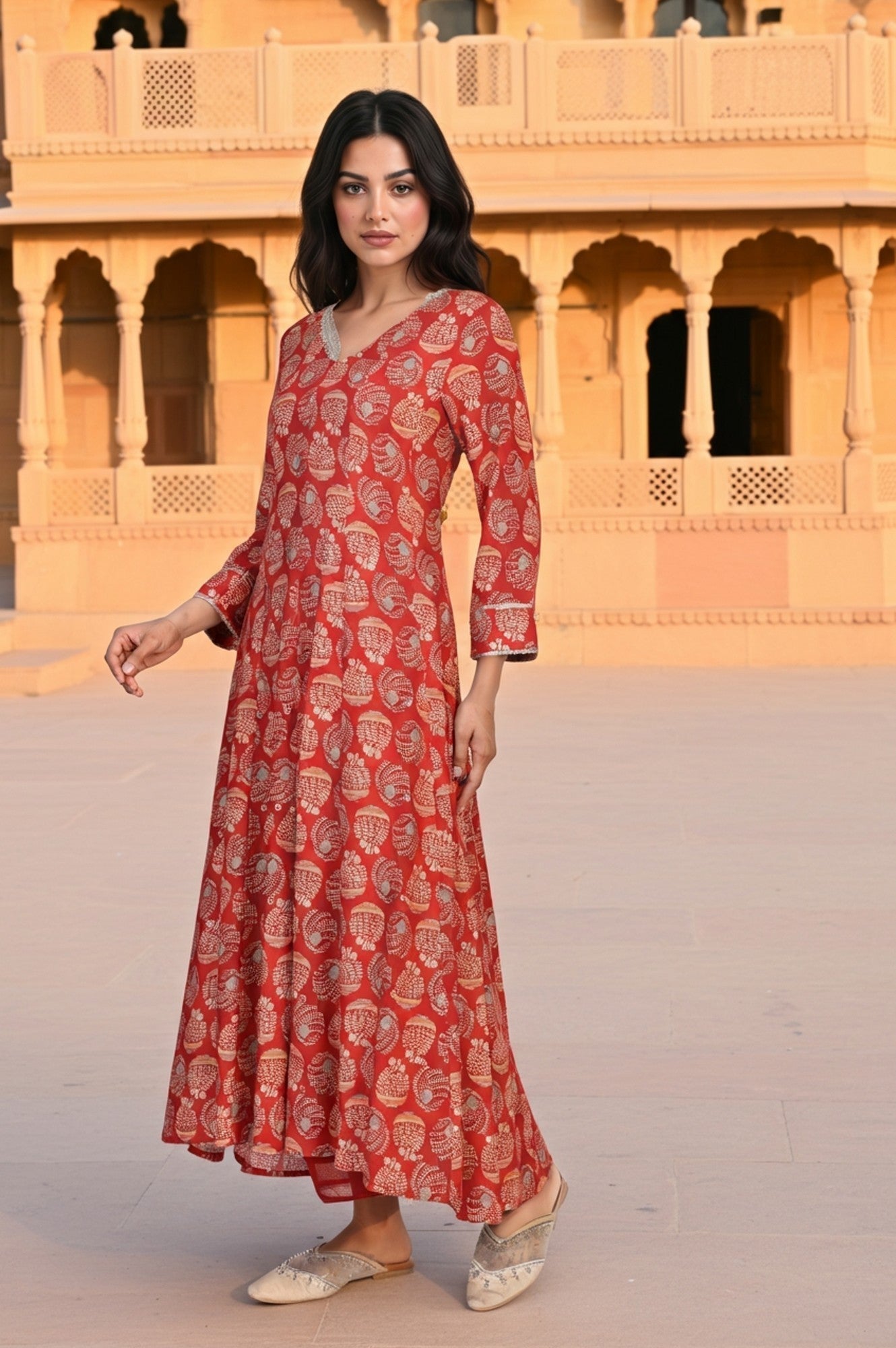 W for Woman Red Floral Print Lace Detailing Flared Rayon Kurta with Pant and Dupatta Set