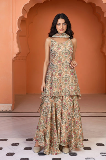W for Woman White Floral Print Tape Flared Tissue Kurta with Sharara and Dupatta Set