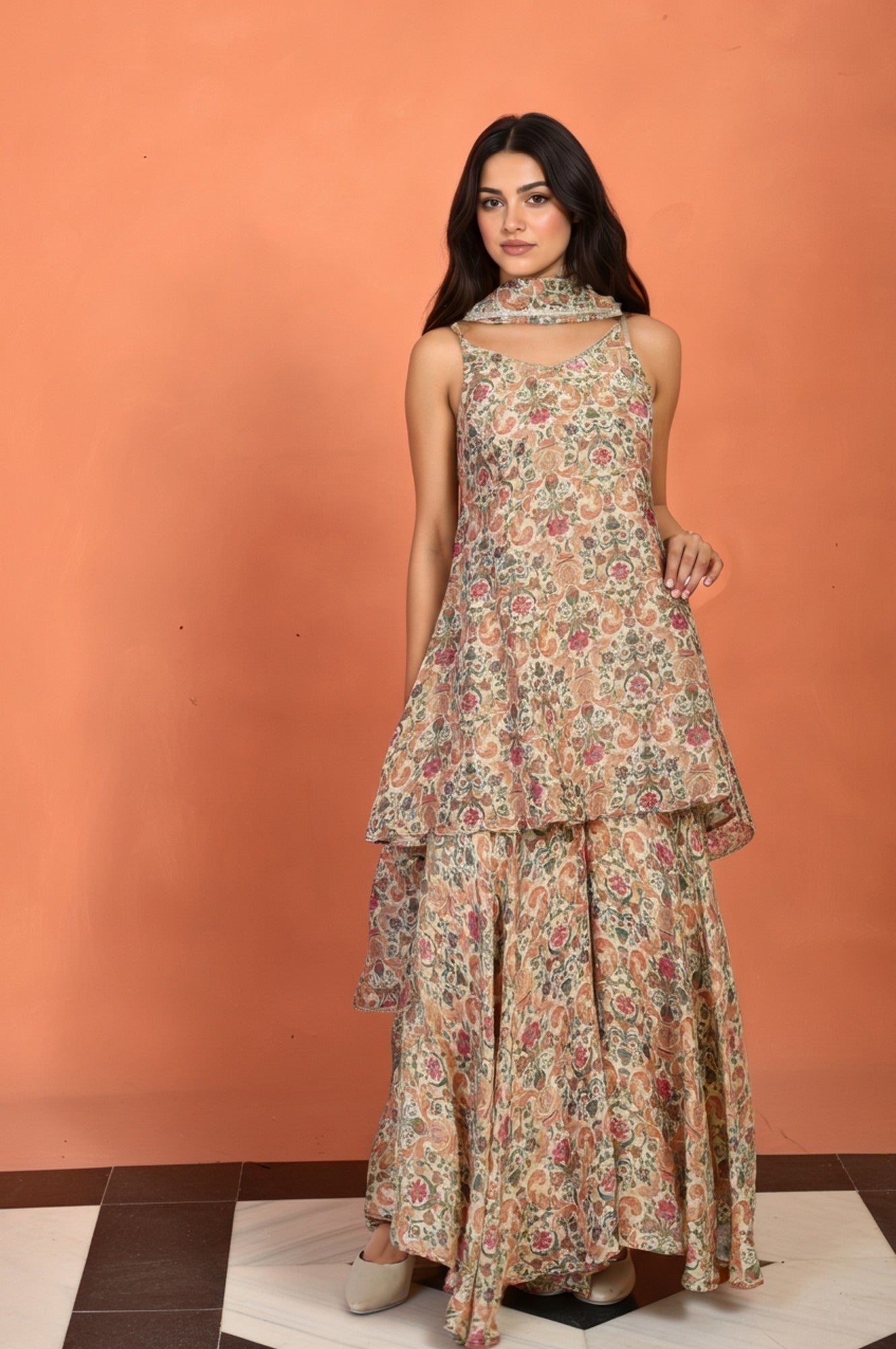 W for Woman White Floral Print Tape Flared Tissue Kurta with Sharara and Dupatta Set