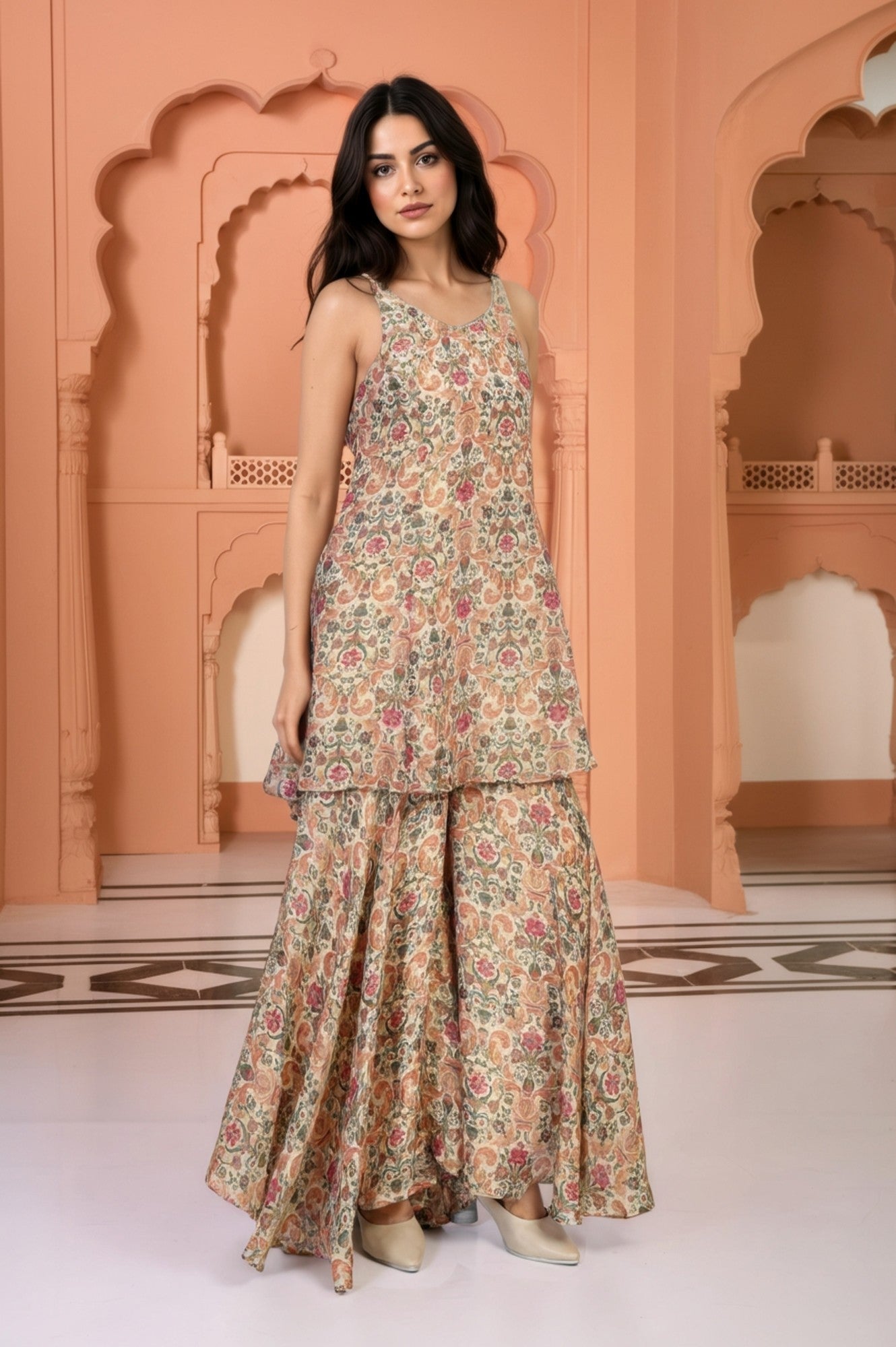 W for Woman White Floral Print Tape Flared Tissue Kurta with Sharara and Dupatta Set