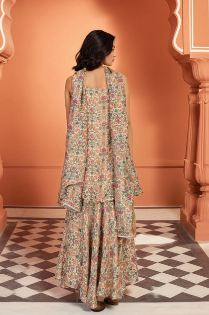 W for Woman White Floral Print Tape Flared Tissue Kurta with Sharara and Dupatta Set