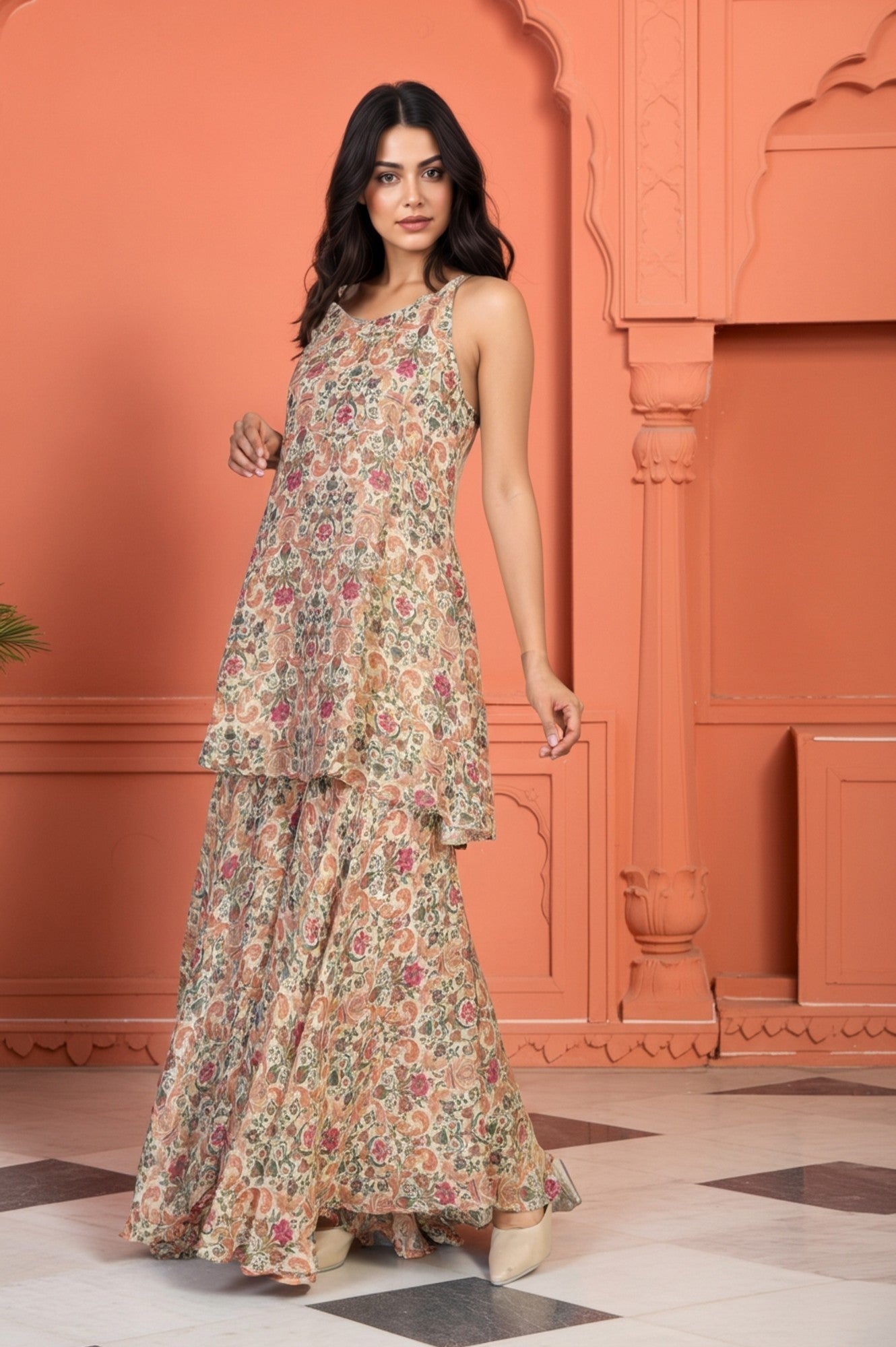 W for Woman White Floral Print Tape Flared Tissue Kurta with Sharara and Dupatta Set