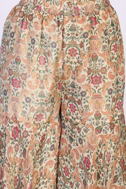 W for Woman White Floral Print Tape Flared Tissue Kurta with Sharara and Dupatta Set