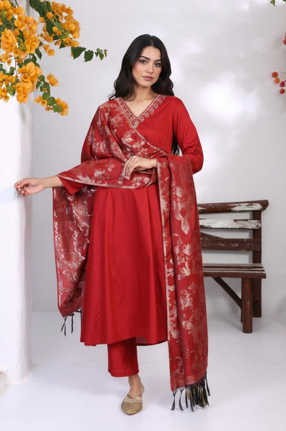 W for Woman Red Floral Print Metallic Embroidered Flared Woven Kurta with Straight Pant and Dupatta Set