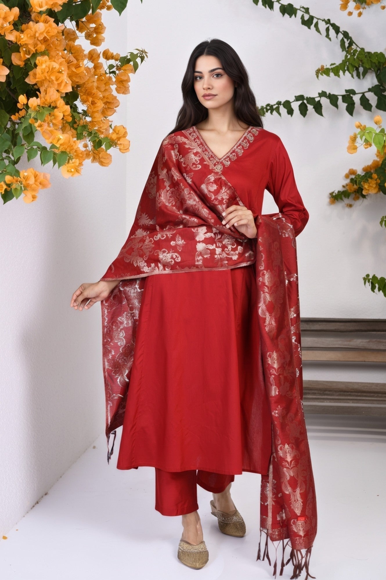 W for Woman Red Floral Print Metallic Embroidered Flared Woven Kurta with Straight Pant and Dupatta Set