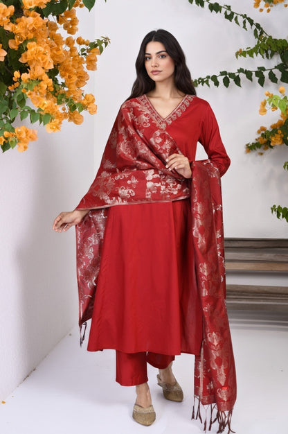 W for Woman Red Floral Print Metallic Embroidered Flared Woven Kurta with Straight Pant and Dupatta Set