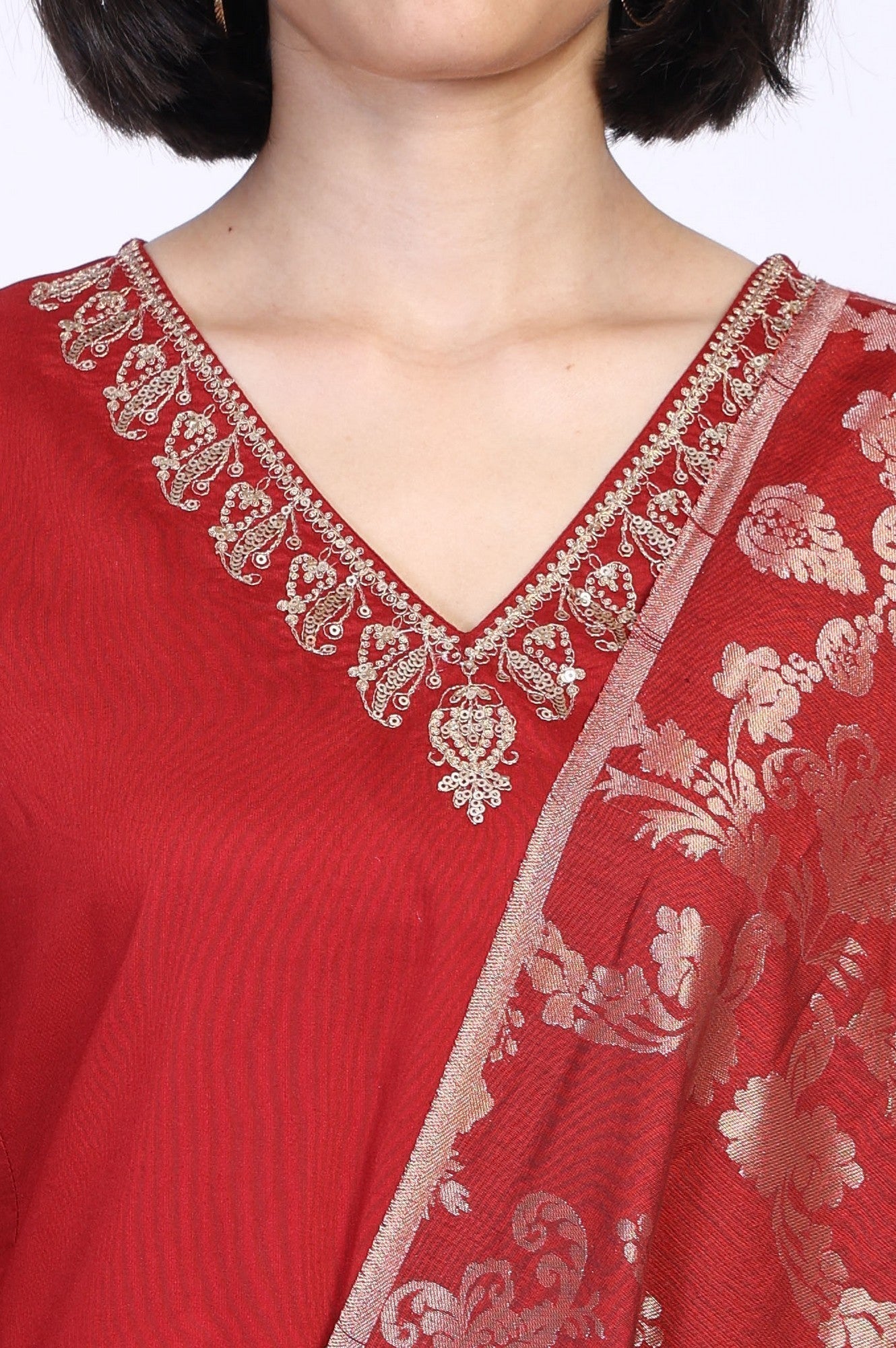 W for Woman Red Floral Print Metallic Embroidered Flared Woven Kurta with Straight Pant and Dupatta Set