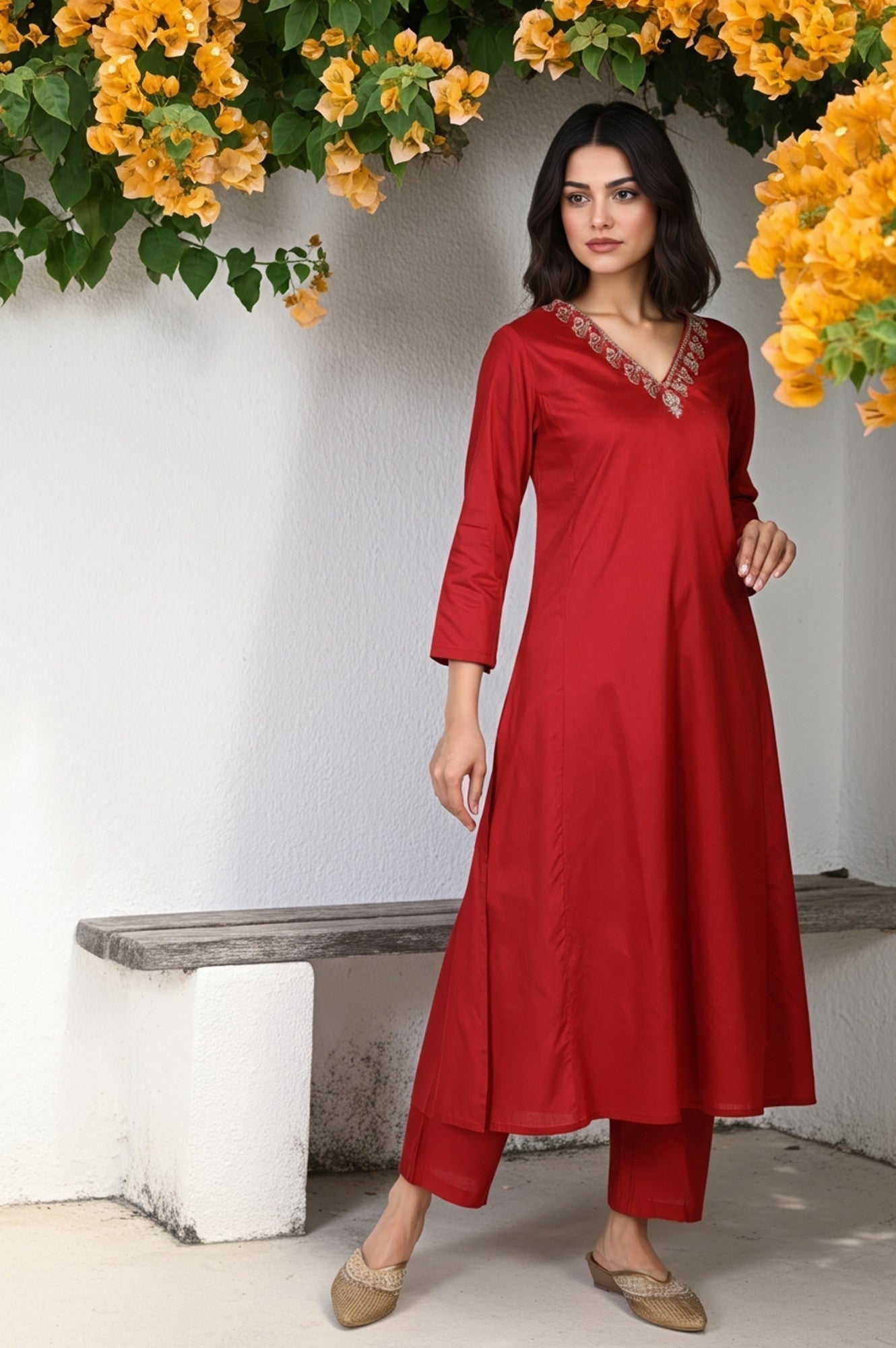W for Woman Red Floral Print Metallic Embroidered Flared Woven Kurta with Straight Pant and Dupatta Set
