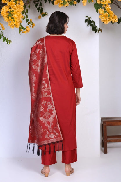 W for Woman Red Floral Print Metallic Embroidered Flared Woven Kurta with Straight Pant and Dupatta Set