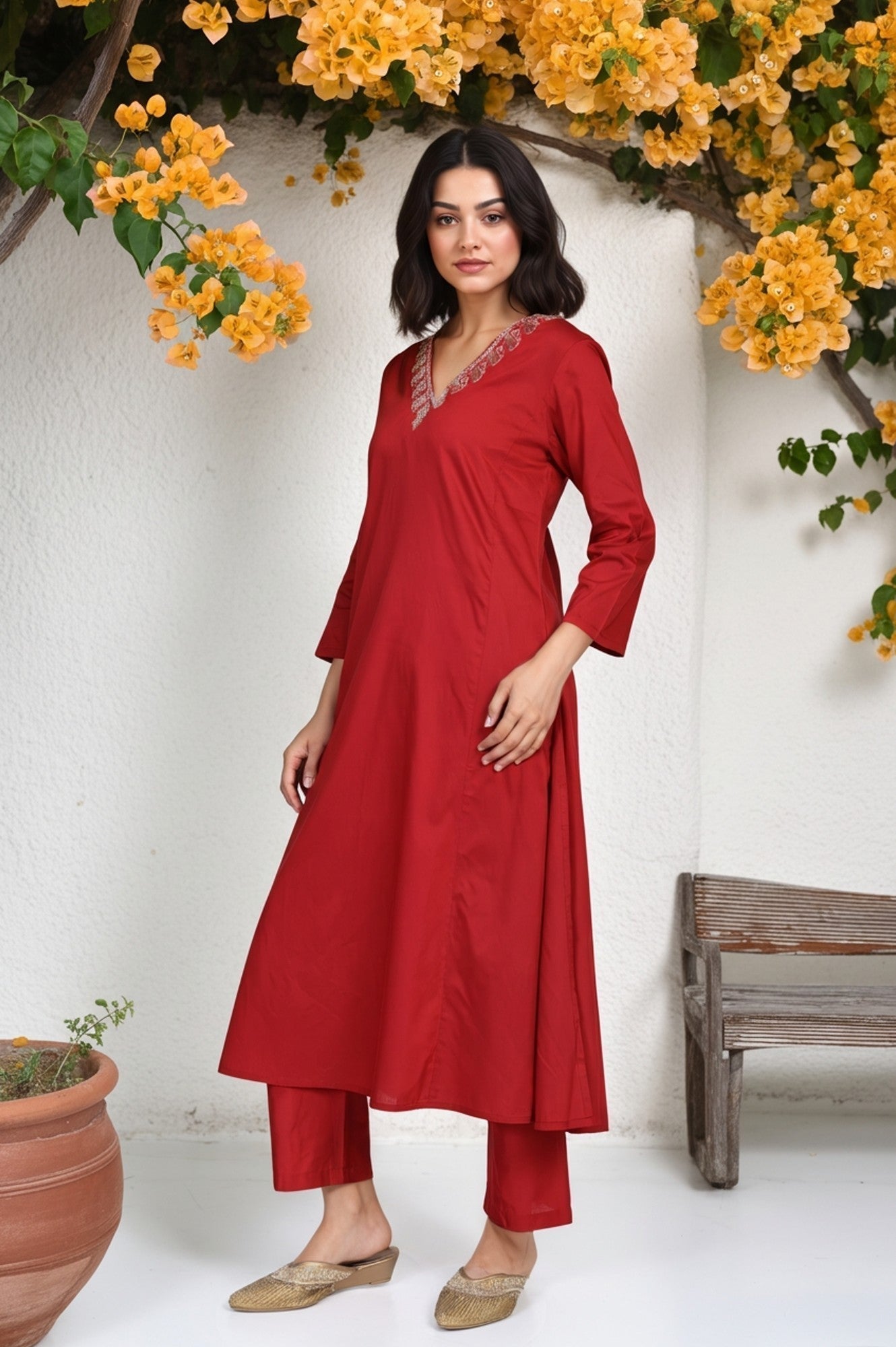 W for Woman Red Floral Print Metallic Embroidered Flared Woven Kurta with Straight Pant and Dupatta Set