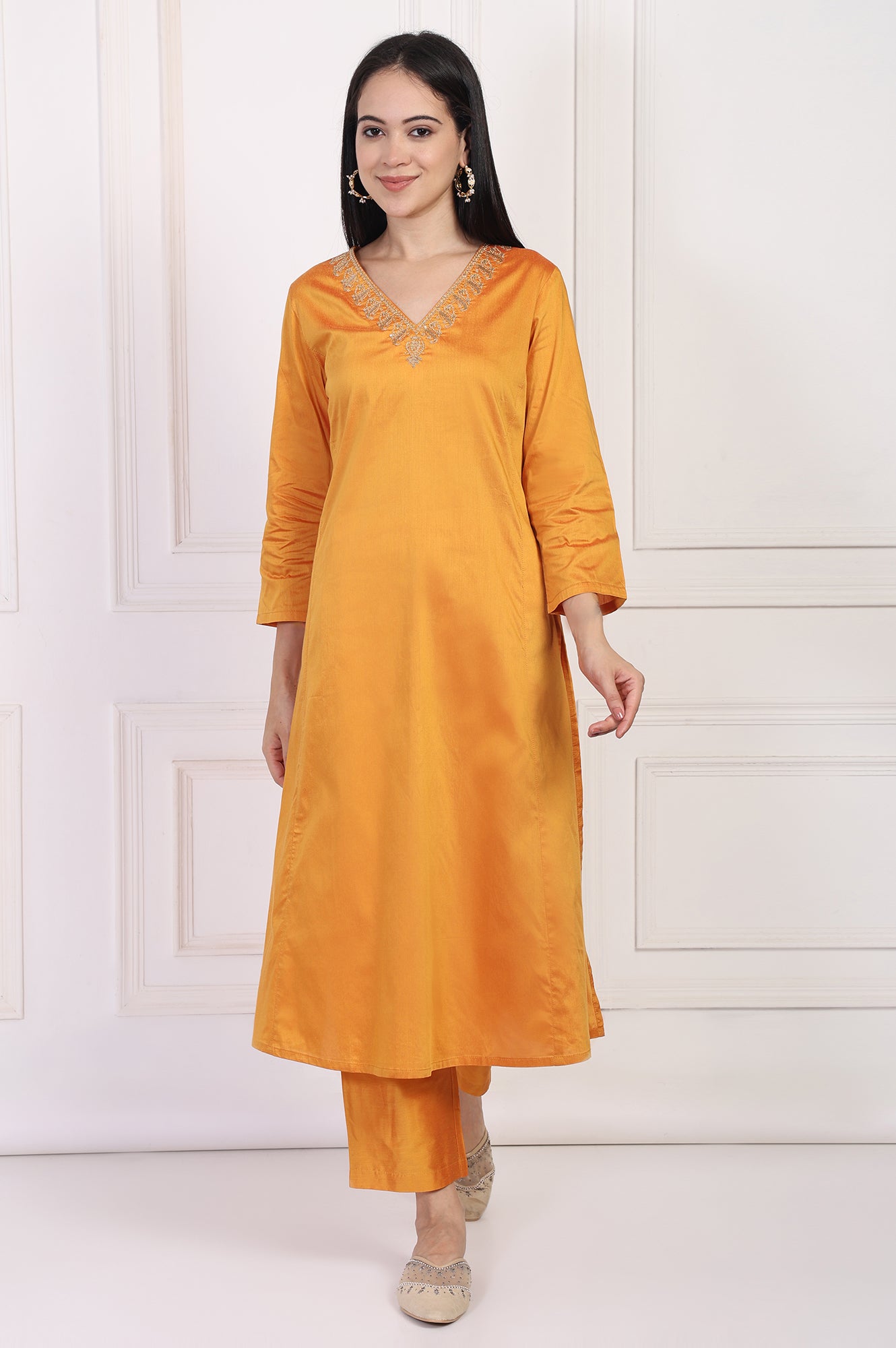 W for Woman Orange Embroidered Flared Satin Kurta with Straight Pant Set