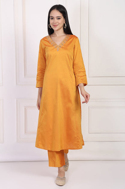 W for Woman Orange Embroidered Flared Satin Kurta with Straight Pant Set