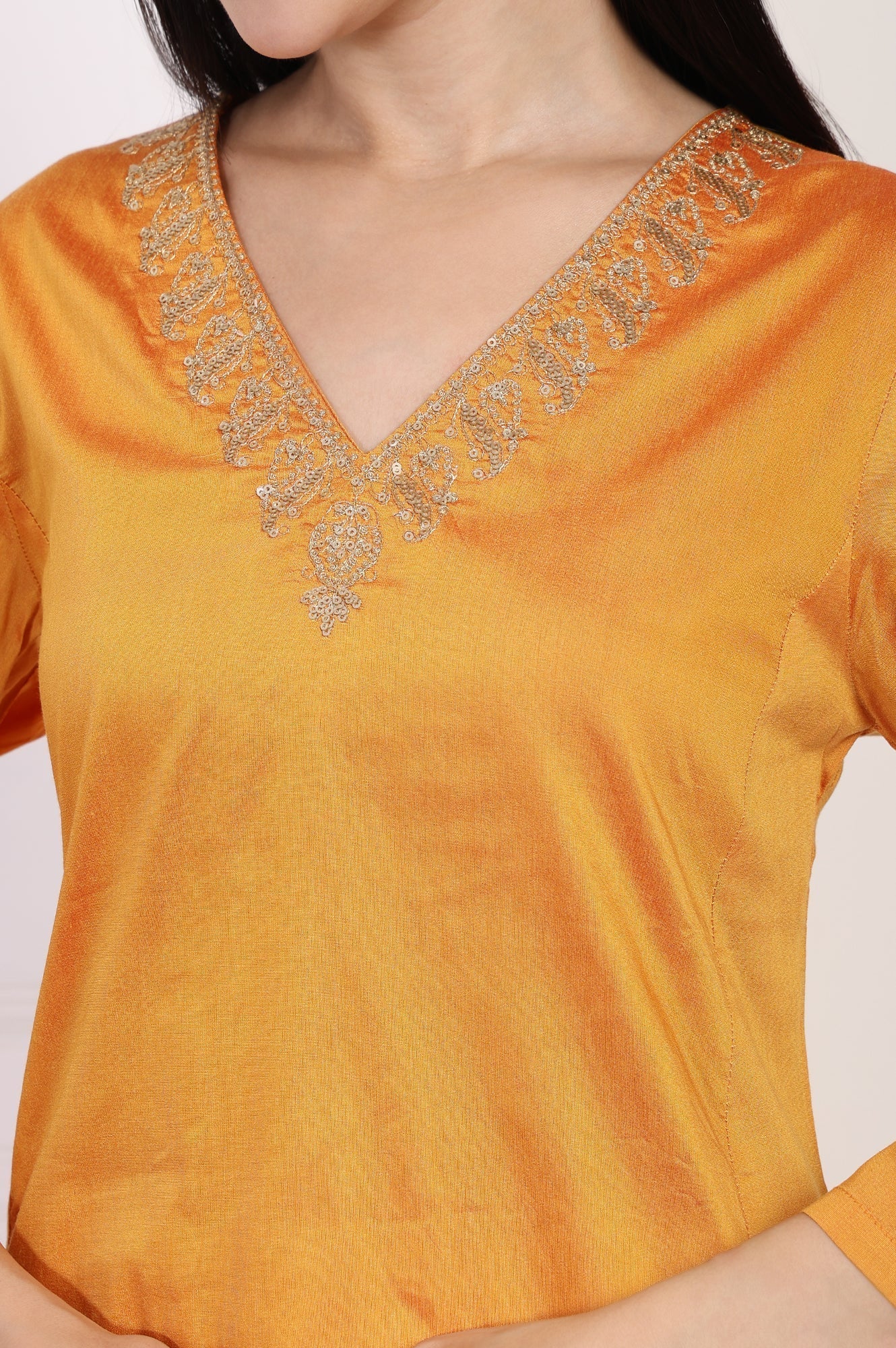 W for Woman Orange Embroidered Flared Satin Kurta with Straight Pant Set