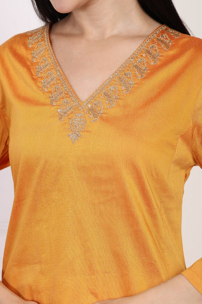 W for Woman Orange Embroidered Flared Satin Kurta with Straight Pant Set
