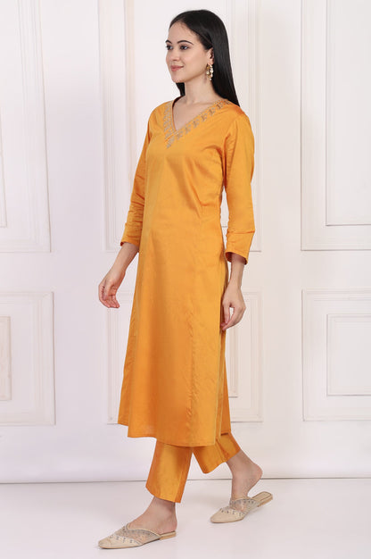 W for Woman Orange Embroidered Flared Satin Kurta with Straight Pant Set