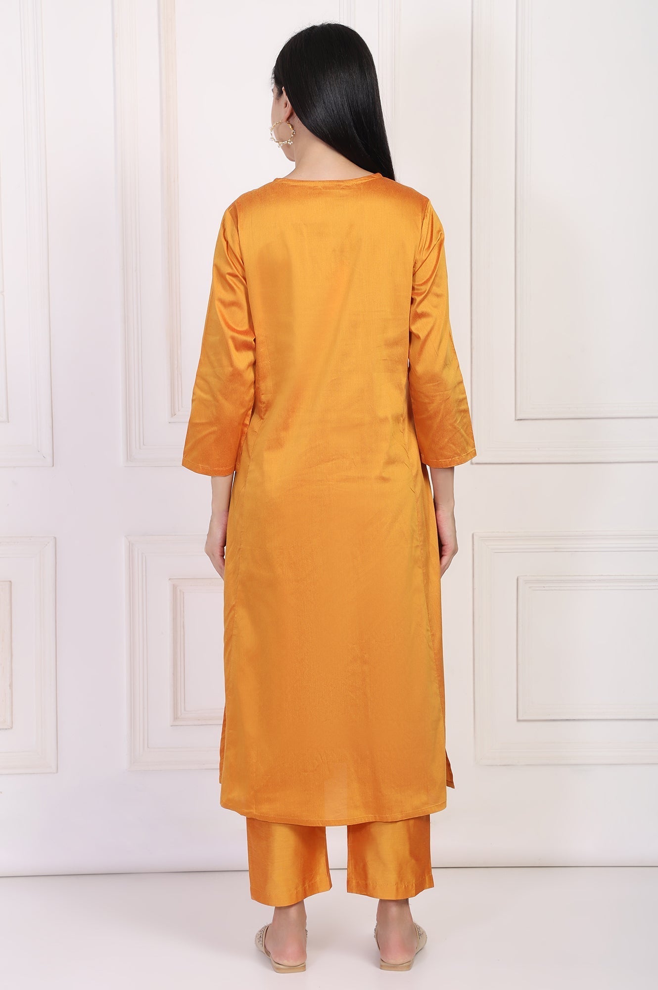 W for Woman Orange Embroidered Flared Satin Kurta with Straight Pant Set