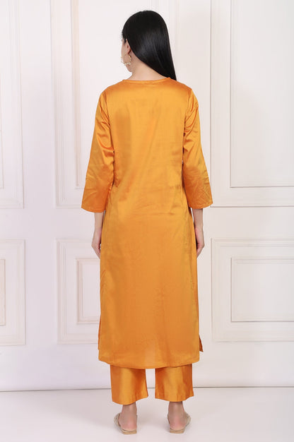 W for Woman Orange Embroidered Flared Satin Kurta with Straight Pant Set