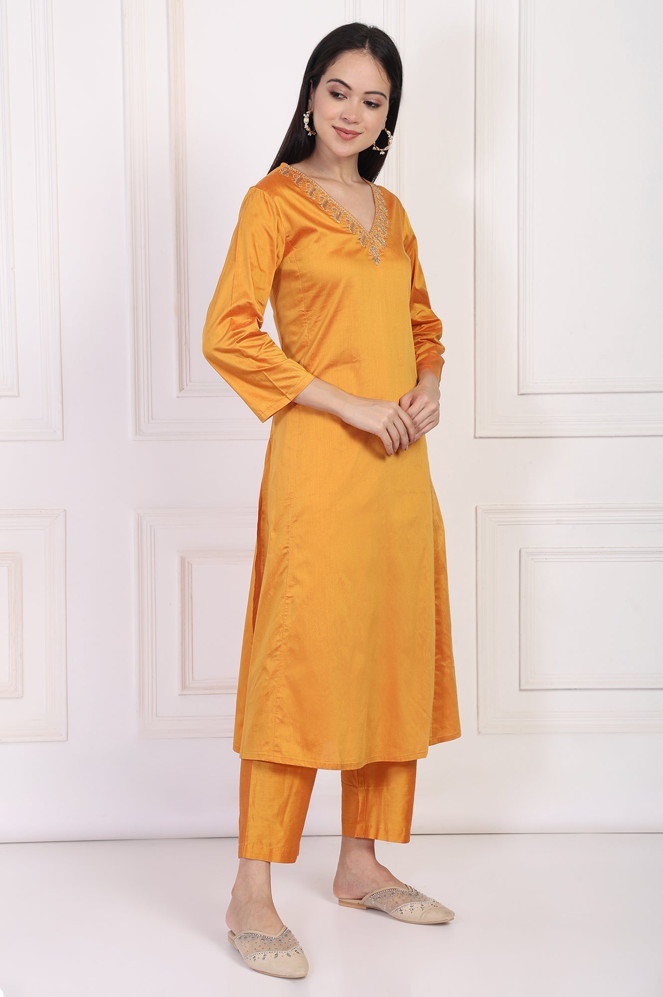 W for Woman Orange Embroidered Flared Satin Kurta with Straight Pant Set