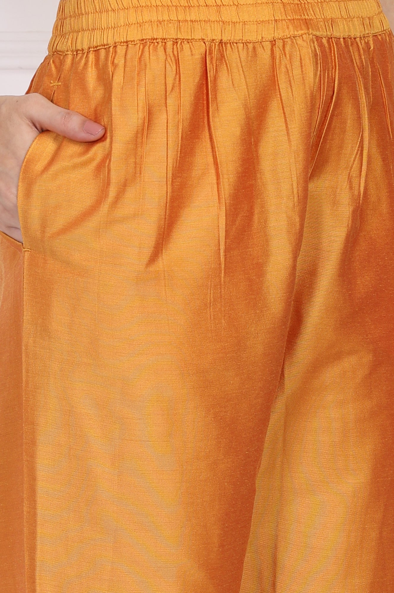W for Woman Orange Embroidered Flared Satin Kurta with Straight Pant Set