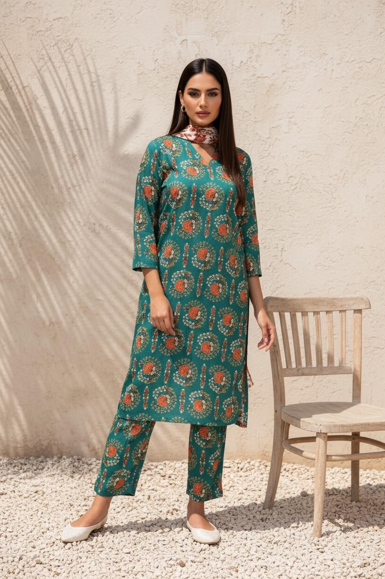 W for Woman Green Floral Printed Straight Rayon Kurta with Trouser and Dupatta Set