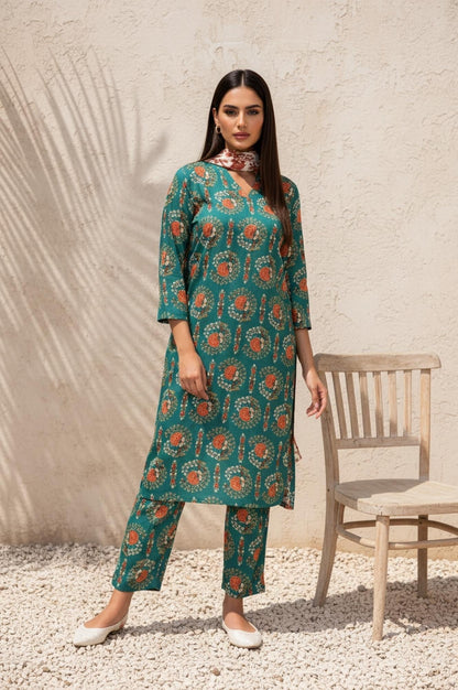 W for Woman Green Floral Printed Straight Rayon Kurta with Trouser and Dupatta Set
