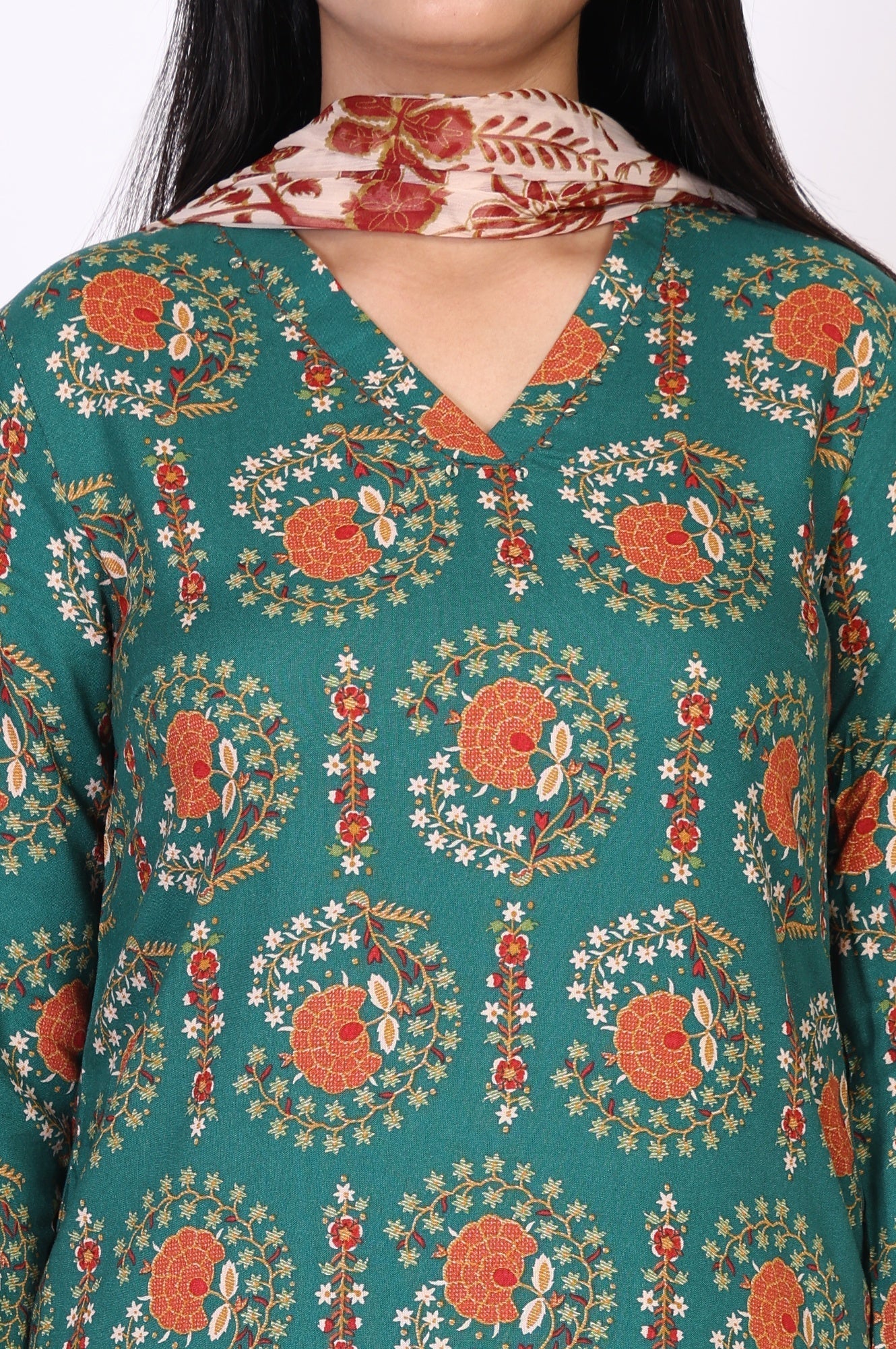W for Woman Green Floral Printed Straight Rayon Kurta with Trouser and Dupatta Set