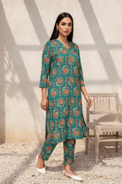W for Woman Green Floral Printed Straight Rayon Kurta with Trouser and Dupatta Set