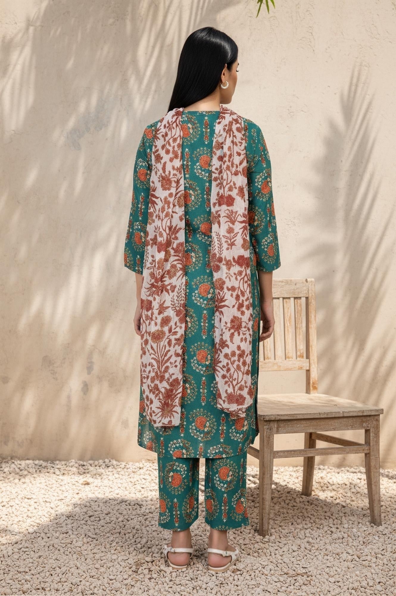 W for Woman Green Floral Printed Straight Rayon Kurta with Trouser and Dupatta Set