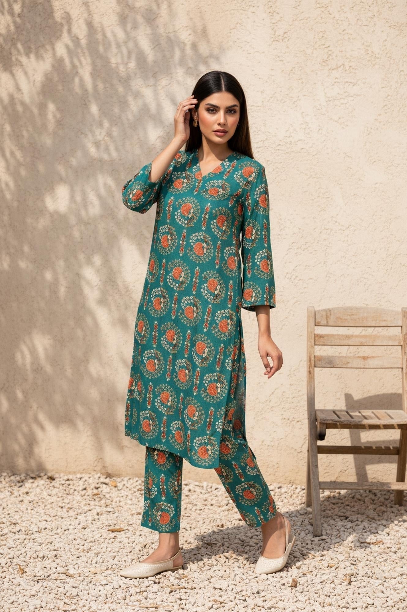 W for Woman Green Floral Printed Straight Rayon Kurta with Trouser and Dupatta Set