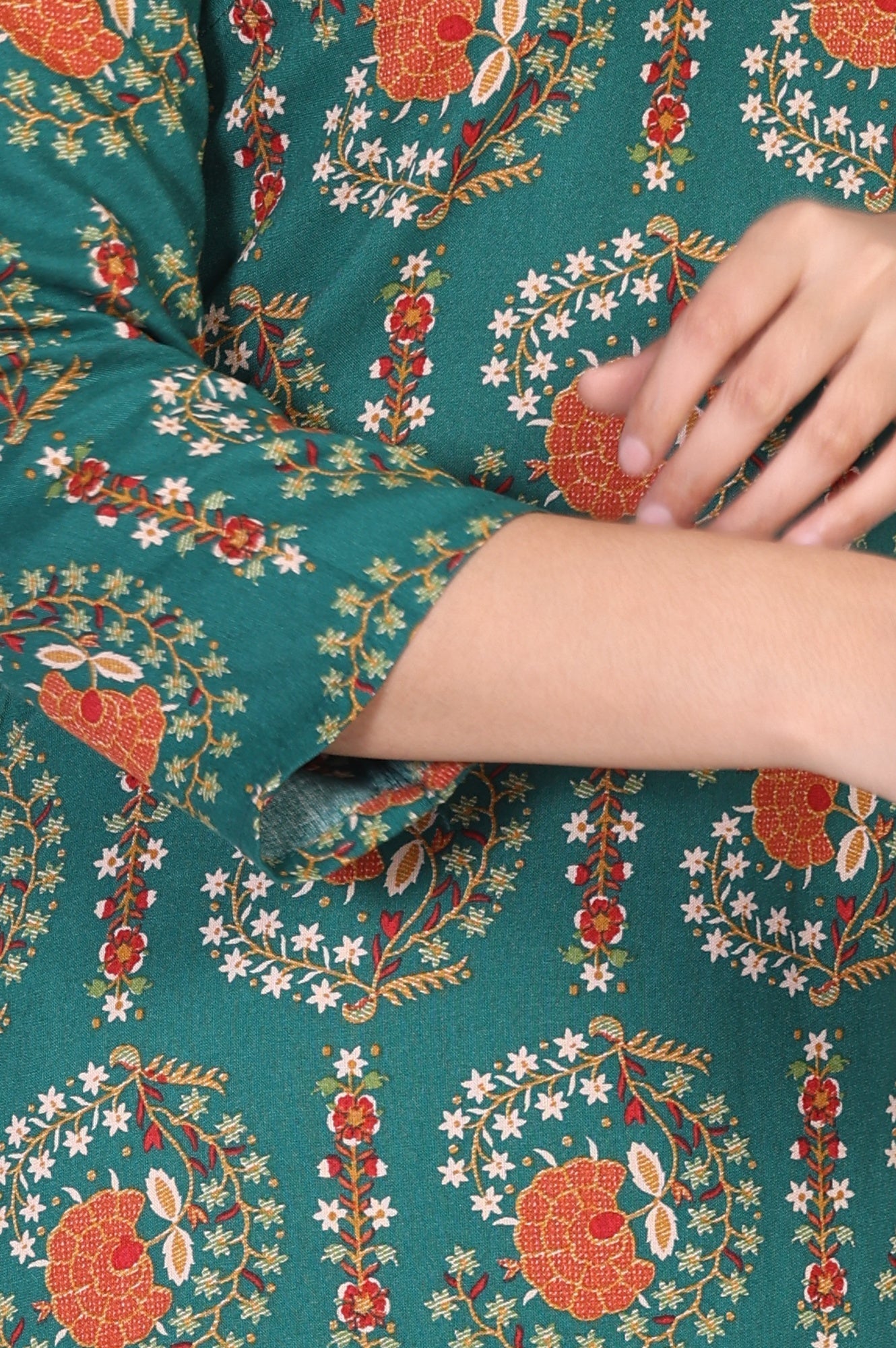 W for Woman Green Floral Printed Straight Rayon Kurta with Trouser and Dupatta Set