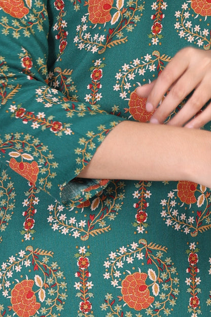W for Woman Green Floral Printed Straight Rayon Kurta with Trouser and Dupatta Set