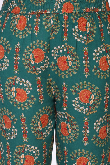 W for Woman Green Floral Printed Straight Rayon Kurta with Trouser and Dupatta Set