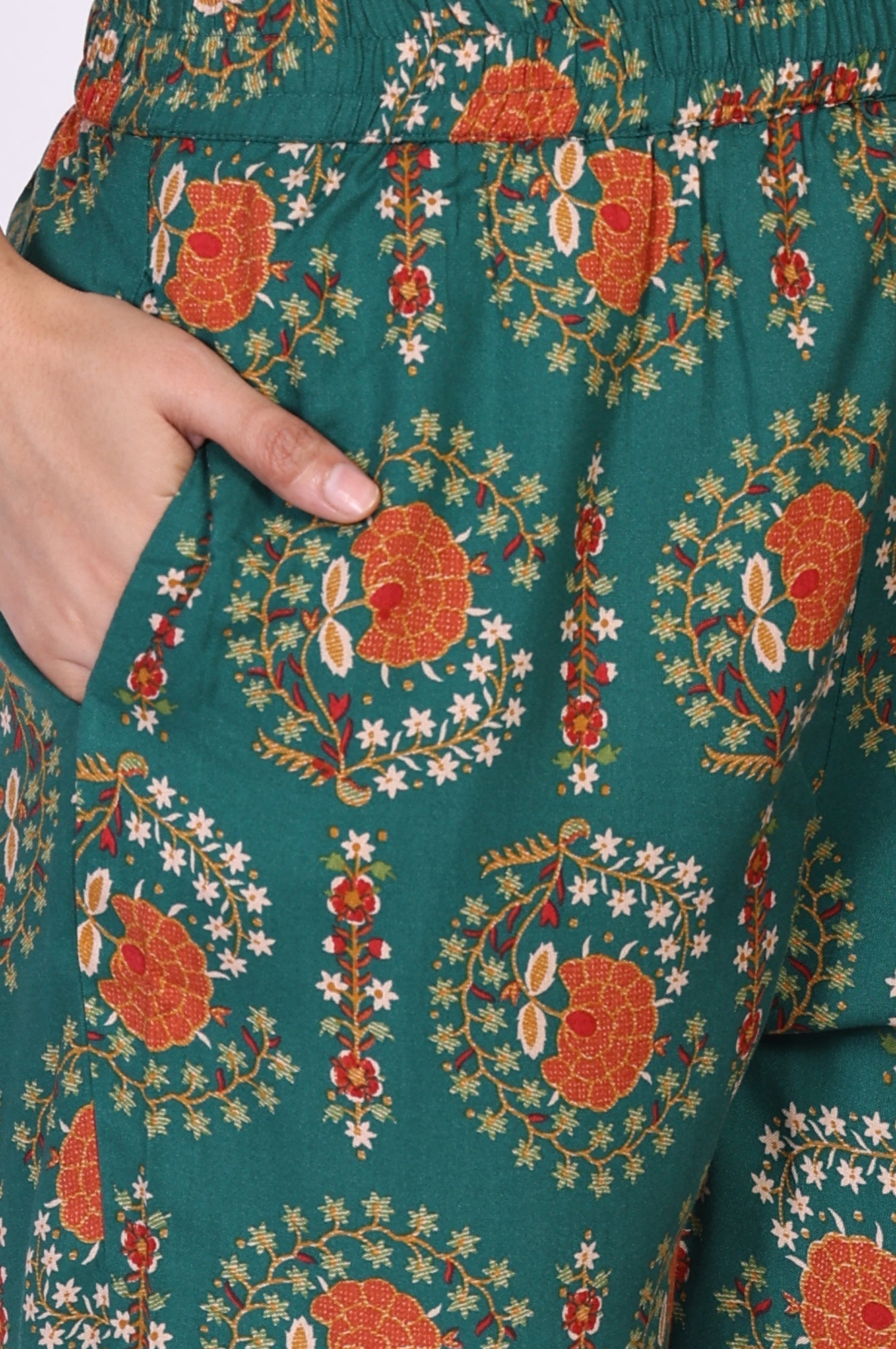 W for Woman Green Floral Printed Straight Rayon Kurta with Trouser and Dupatta Set