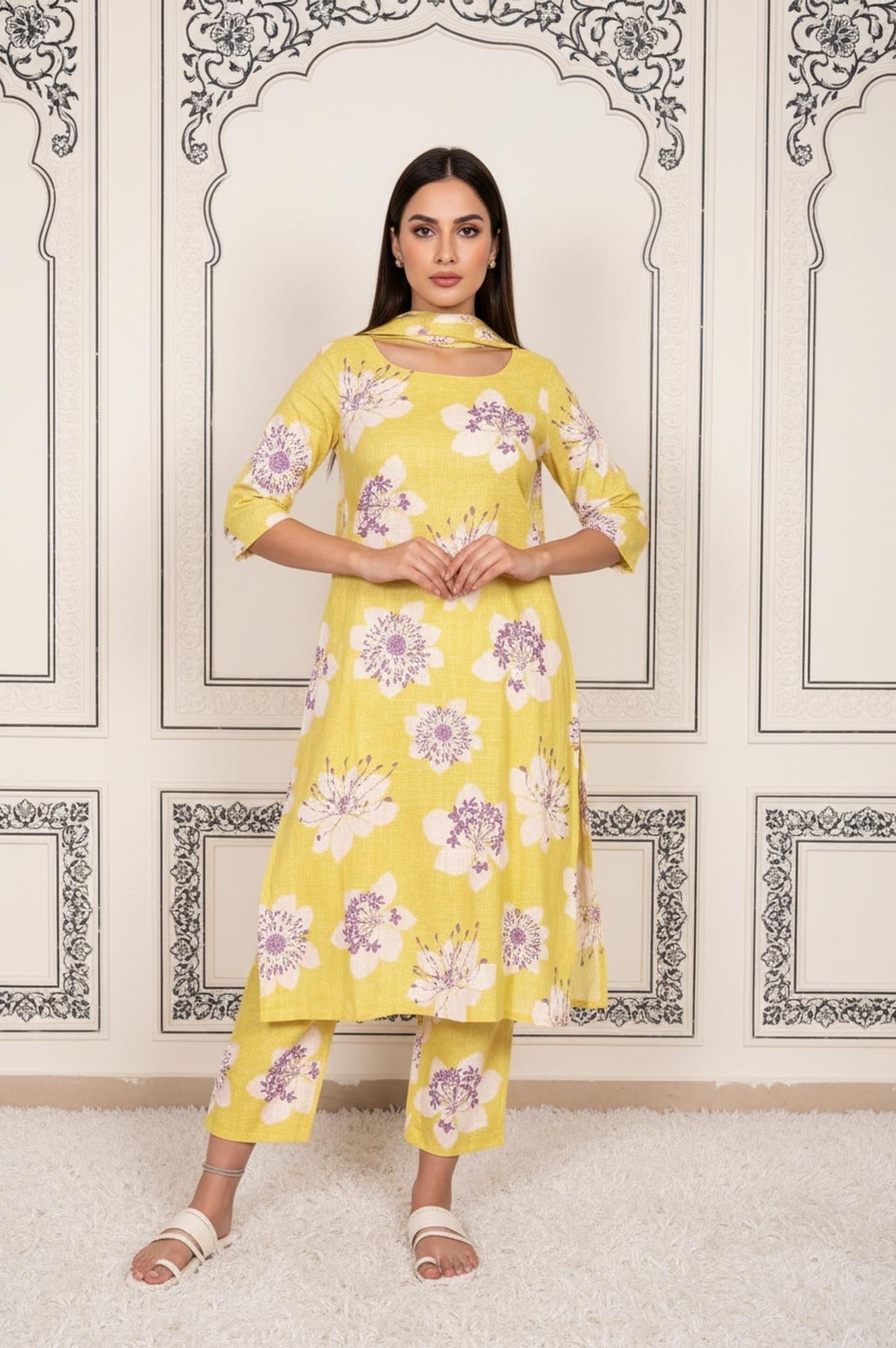 W for Woman Yellow Floral Printed Straight Cotton Kurta with Straight Pant and Dupatta Set