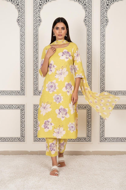 W for Woman Yellow Floral Printed Straight Cotton Kurta with Straight Pant and Dupatta Set