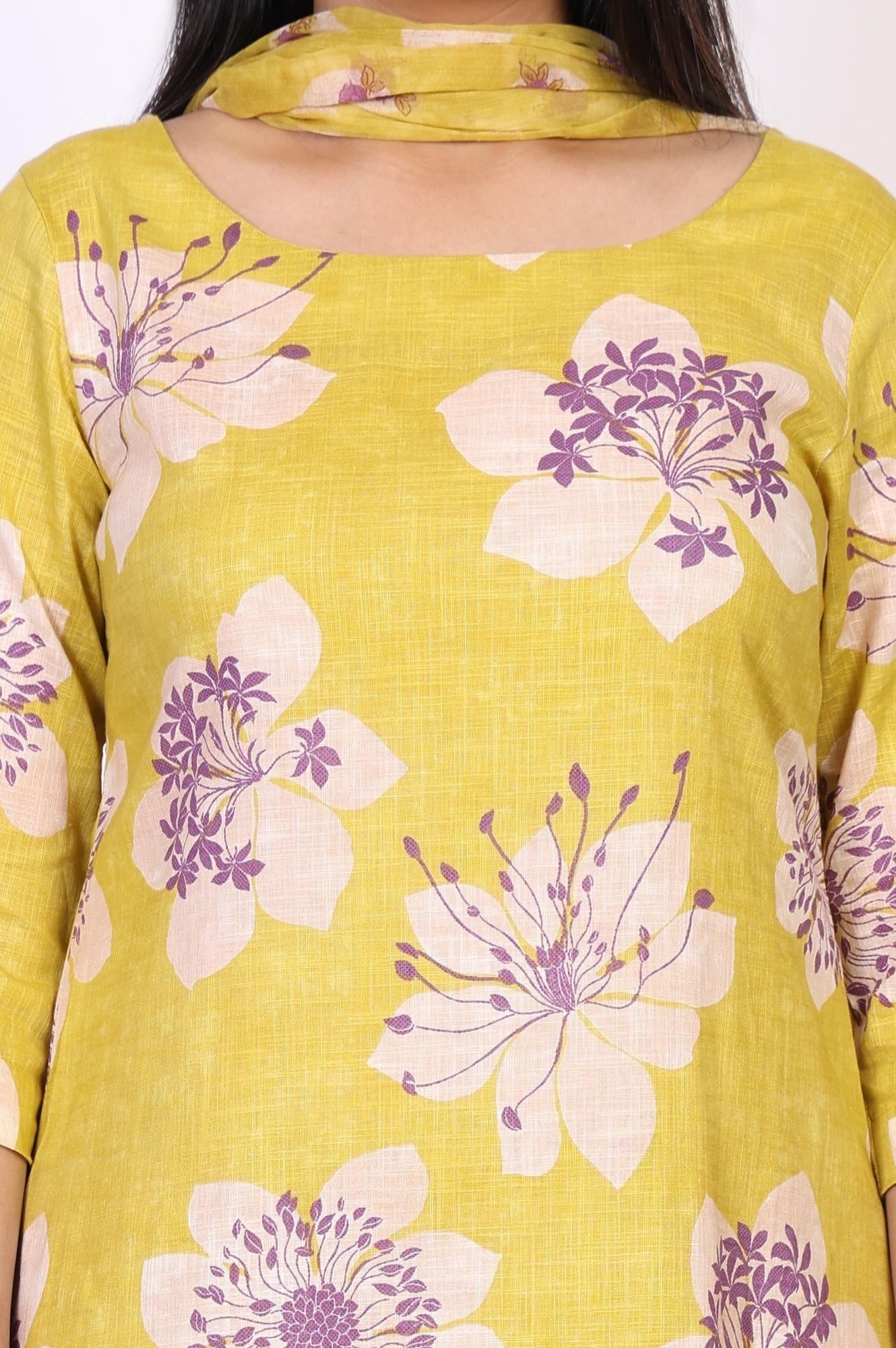 W for Woman Yellow Floral Printed Straight Cotton Kurta with Straight Pant and Dupatta Set
