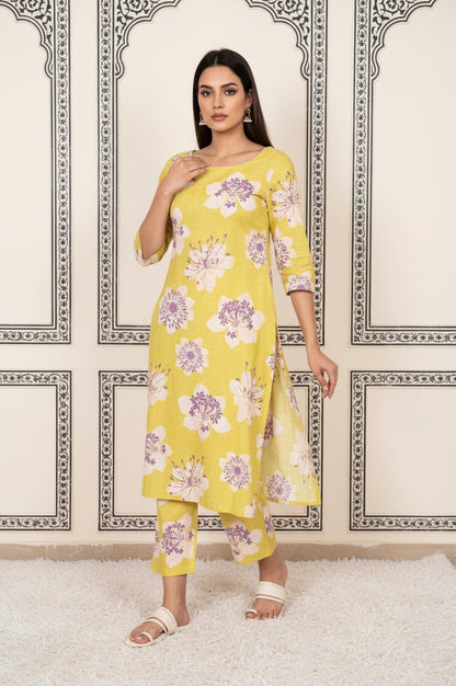 W for Woman Yellow Floral Printed Straight Cotton Kurta with Straight Pant and Dupatta Set