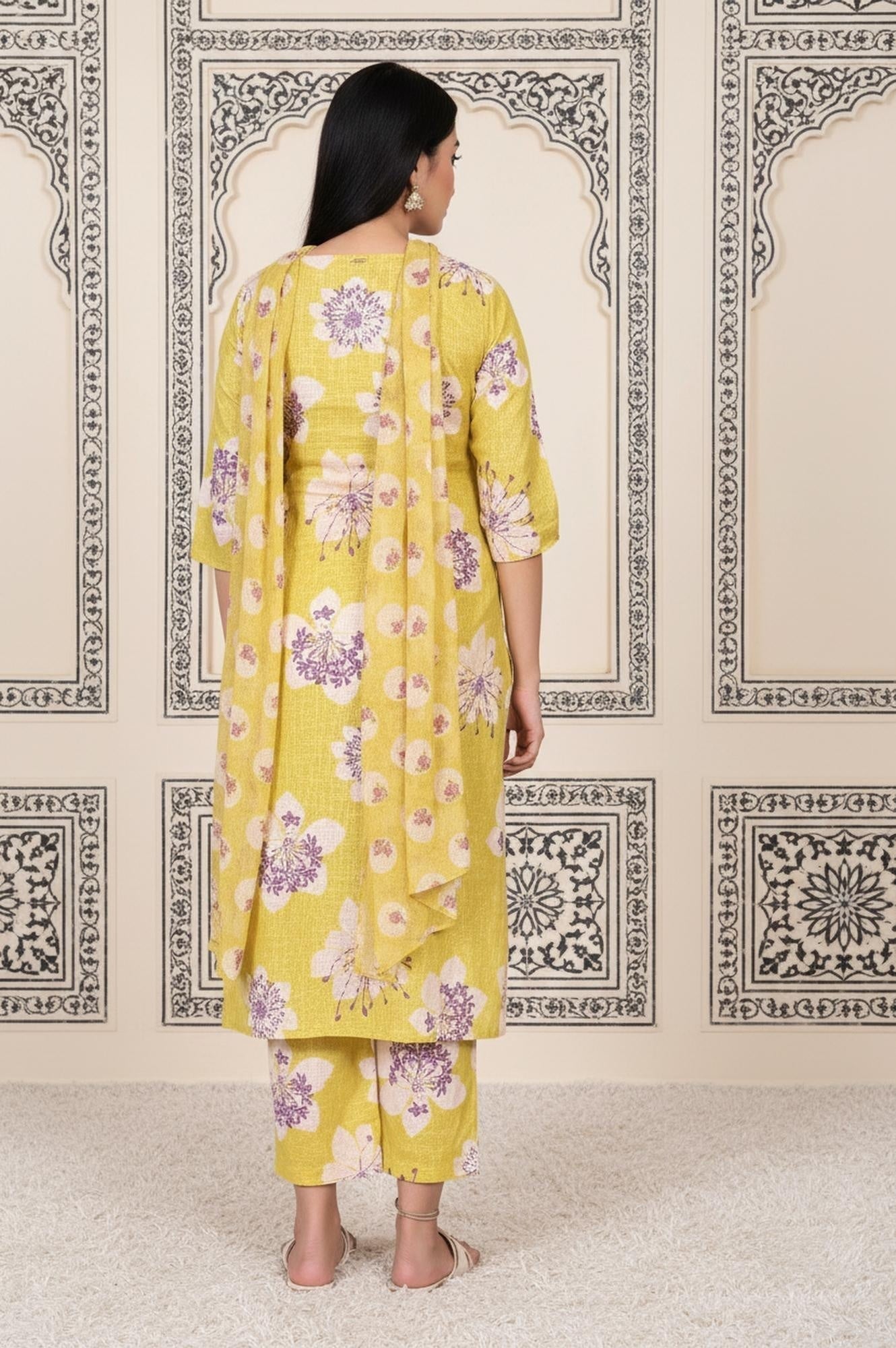 W for Woman Yellow Floral Printed Straight Cotton Kurta with Straight Pant and Dupatta Set