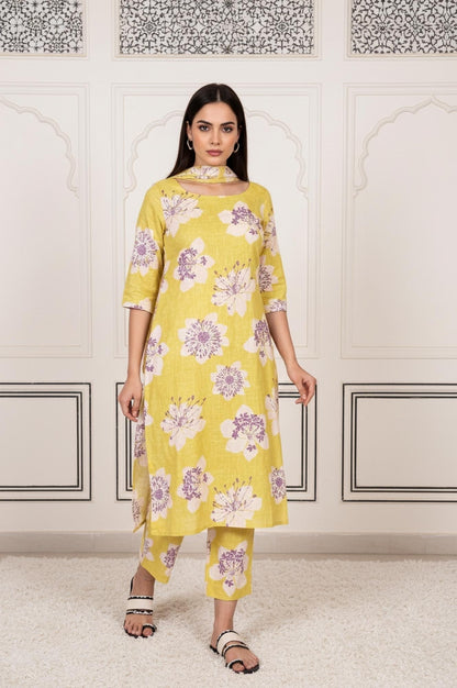 W for Woman Yellow Floral Printed Straight Cotton Kurta with Straight Pant and Dupatta Set