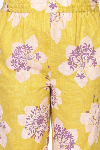 W for Woman Yellow Floral Printed Straight Cotton Kurta with Straight Pant and Dupatta Set