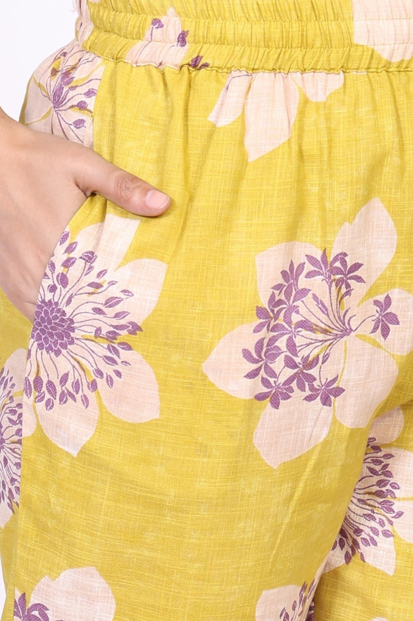 W for Woman Yellow Floral Printed Straight Cotton Kurta with Straight Pant and Dupatta Set