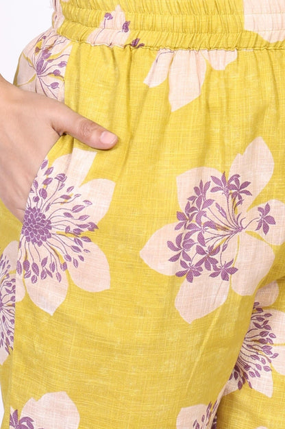 W for Woman Yellow Floral Printed Straight Cotton Kurta with Straight Pant and Dupatta Set