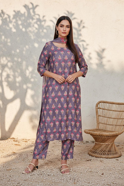 W for Woman Purple Floral Printed Straight Cotton Kurta with Pant and Dupatta Set